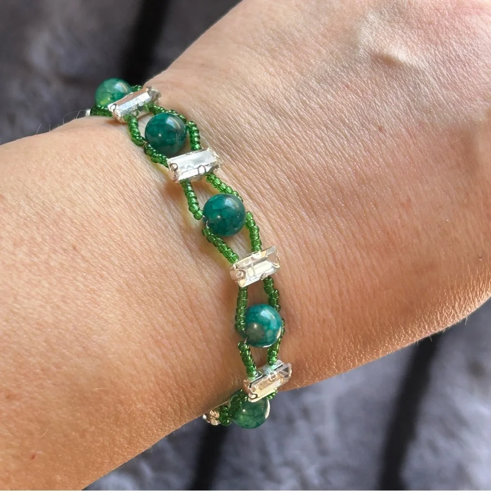 Handcrafted 8mm dragon vein agate lattice seed bead faceted glass bar bracelet